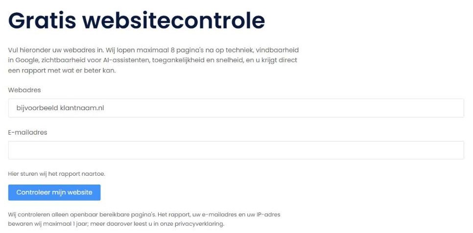 Formulier van de gratis websitecontrole van 4EuroHosting met velden voor webadres en e-mailadres