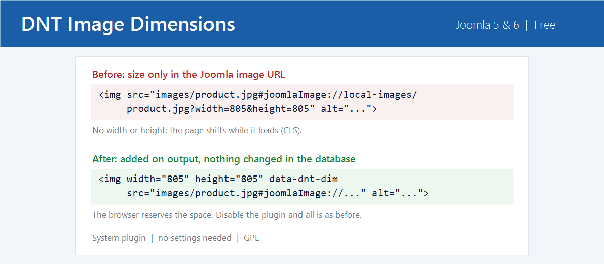 Before and after: an img tag with the size only in the joomlaImage URL, and the same tag with width 805 and height 805 added by DNT Image Dimensions